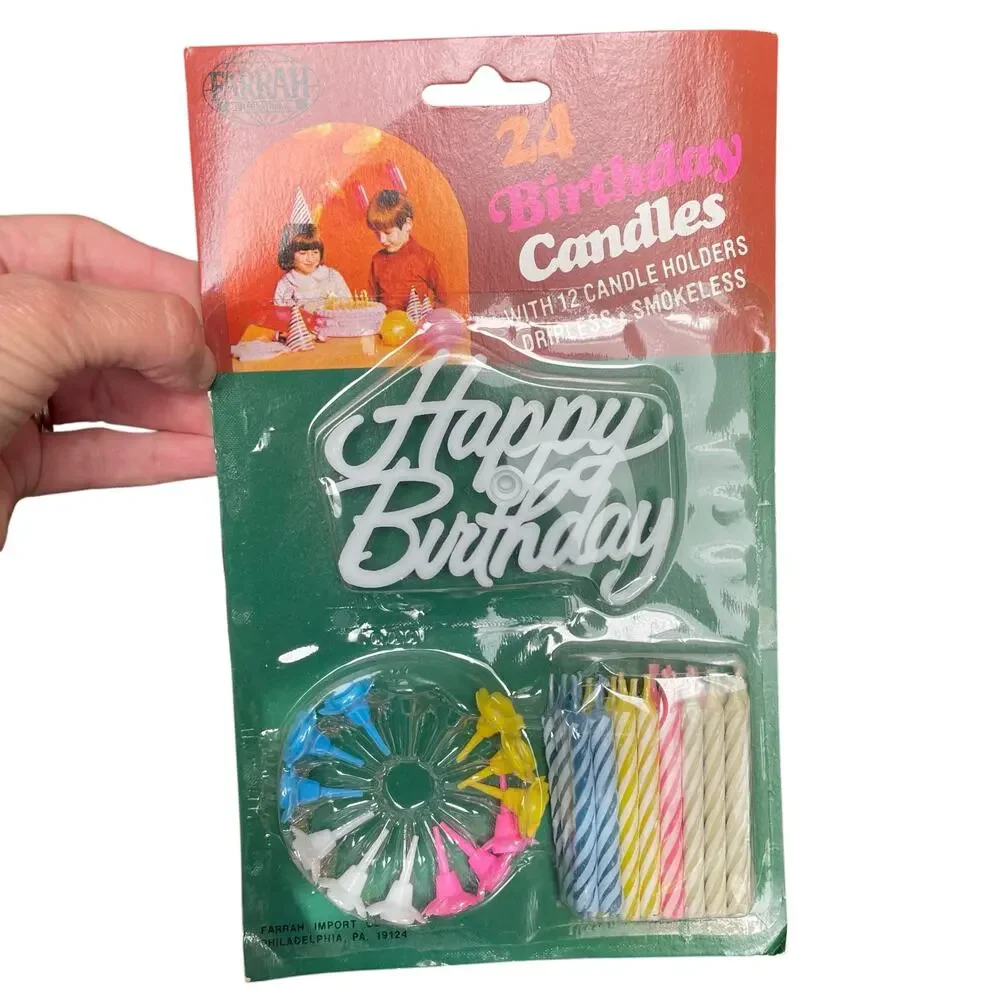 Vintage Birthday Candle Set w/ Holders Party Supplies Prop Hong Kong NOS Farrah